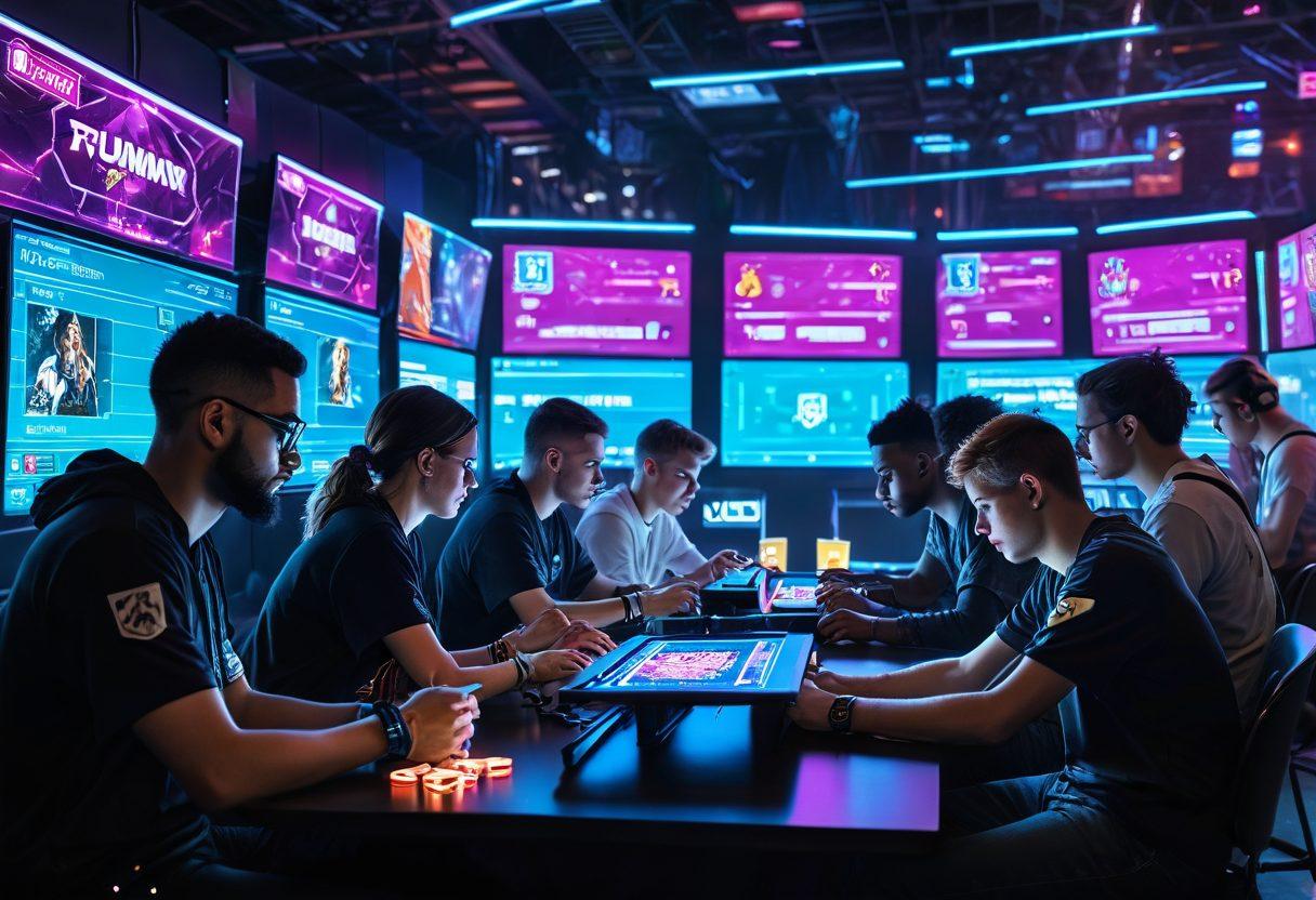 A dynamic and engaging scene of players intensely focused on their screens, showcasing colorful virtual Rummy cards in a vibrant online tournament setting. Include a glowing trophy in the background symbolizing victory, with digital confetti falling from above. The atmosphere should radiate excitement and strategy, reflecting a diverse group of players teaming up or competing. neon colors. cyberpunk. 3D.