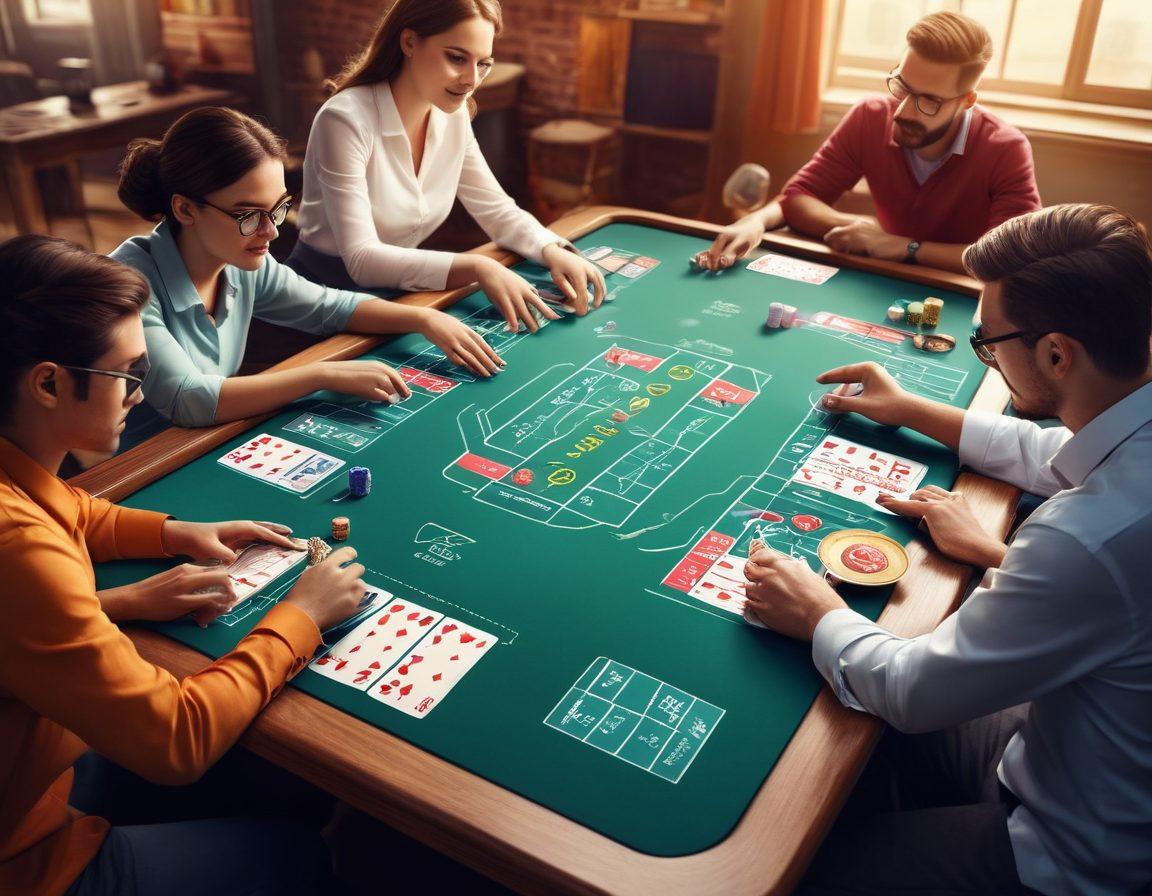 A vibrant digital illustration showcasing a dynamic online rummy game in progress, featuring diverse players immersed in strategic thinking with cards in hand. The background displays animated card elements floating around, symbolizing exciting moves and strategies. Emphasize an engaging blend of technology and traditional gaming vibes, with a bright color palette that attracts attention. Include elements that represent teamwork and competition, like scoreboards and hints. super-realistic. vibrant colors.