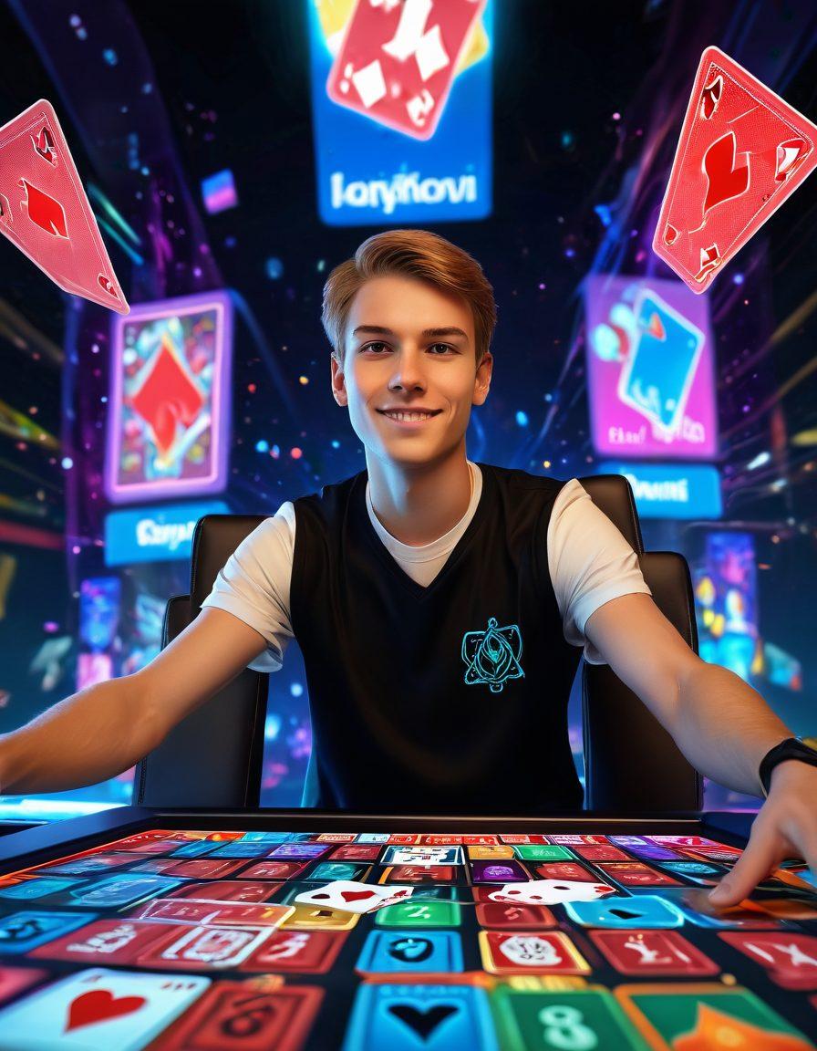 A dynamic scene of a novice player sitting at a virtual card table, surrounded by colorful, animated playing cards soaring through the air, with a computer screen displaying a vibrant online game interface. The player's expression shows concentration and excitement, and vibrant lights from the screen reflect onto their focused face. Include elements of strategy and competition in the background, like a timer and scoreboards. digital art. vibrant colors. 3D.